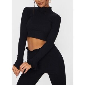 PrettyLittleThing Black Ribbed Mock Neck Long Sleeve Flare Bell Sleeve Crop Top
